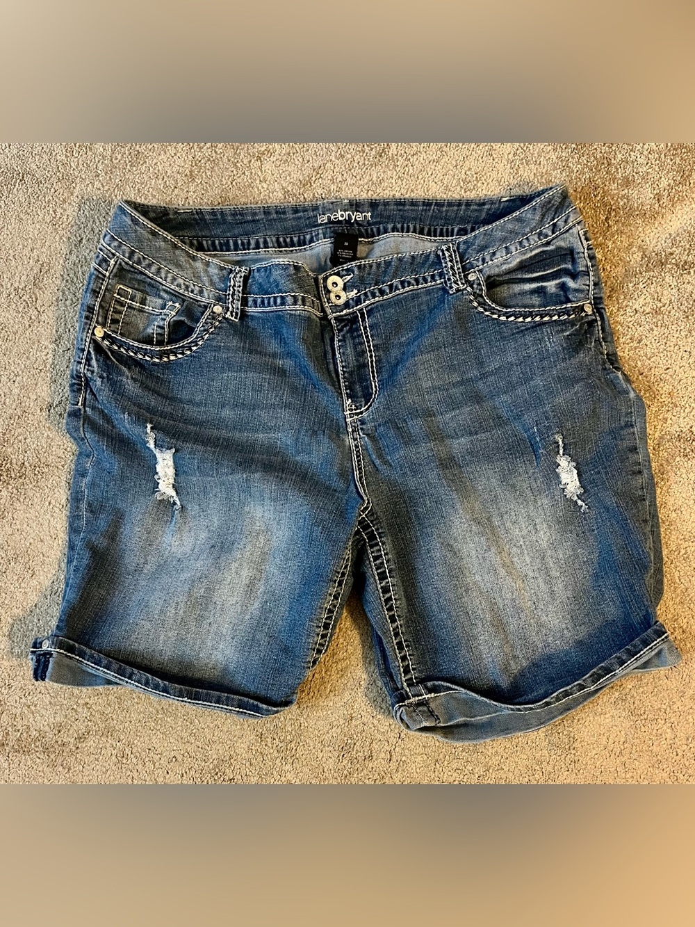 Lane Bryant Dark Blue Distressed Roll-Hem Denim Shorts